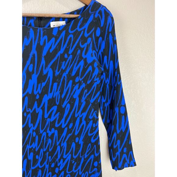 Milly Mini Dress Small Retro Blue Boat‎ Neck 80s Layered Classy Bold Print - Picture 4 of 11